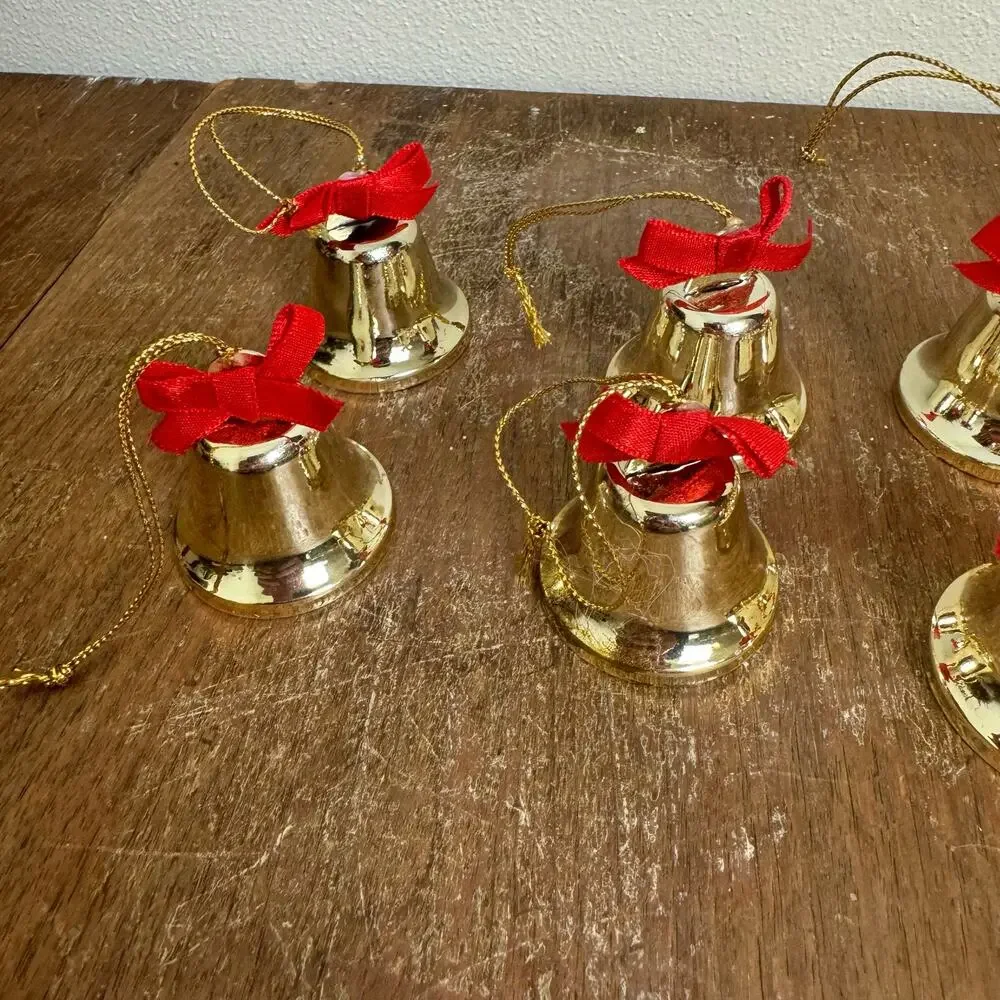 Set of‎ 10 Metal Gold Bells Red Bow Christmas Ornament bundle Lot
